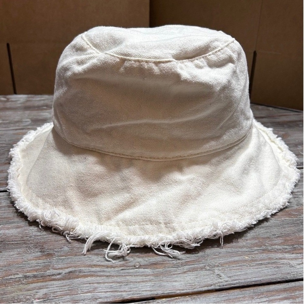Casa Clara Bucket Hat Cream Canvas Frayed Raw Edge Brim Sun Hat One Size